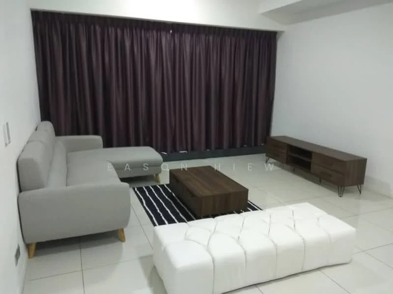 Living features: 3-seater fabric sofa in grey, white tufted ottoman, wooden coffee table, TV console in dark wood, black and white striped area rug, floor-to-ceiling windows covered with purple curtains, glossy white tiled flooring, white painted walls; style: modern.
