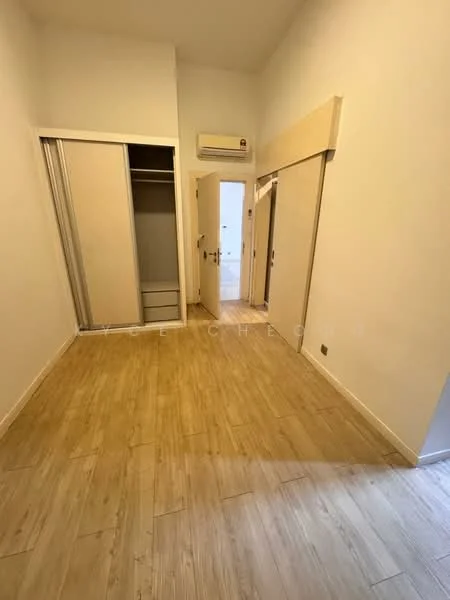 Room features: light wood laminate flooring, white painted walls, built-in wardrobe with sliding doors, door leading to another room, air conditioning unit on wall, neutral-colored door, baseboards, window with natural light; style: modern.