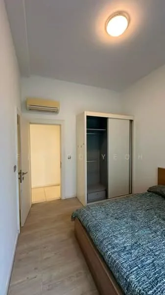 Bedroom features: wooden flooring, white painted walls, ceiling light fixture, wall-mounted split AC, built-in wardrobe with sliding doors, queen-size bed, bedside table, door leading to hallway.