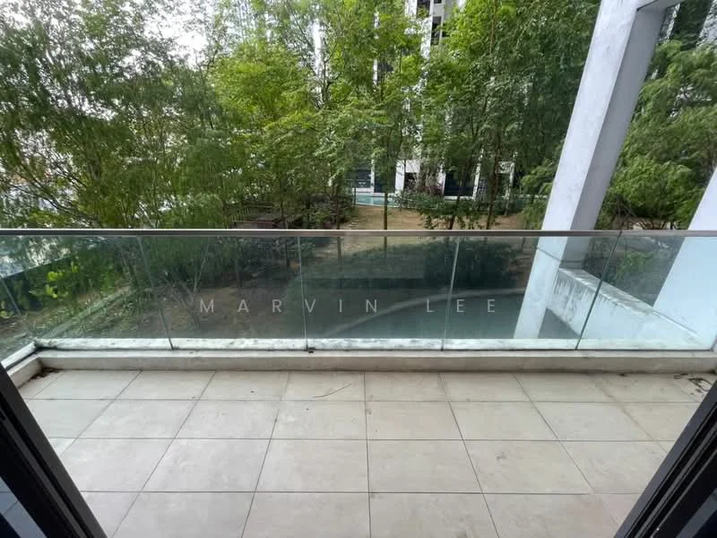 Room features: glass railing, tile flooring, view of greenery, outdoor space, attached to building; view: garden.