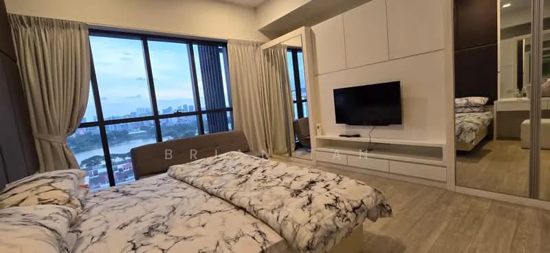 Bedroom features: king-size bed with marble-patterned bedding, floor-to-ceiling windows, city view, wall-mounted TV, built-in wardrobe with sliding mirror doors, light wood flooring, curtains, white cabinetry, decorative wall paneling, sofa, nightstand; style: modern; view: city.