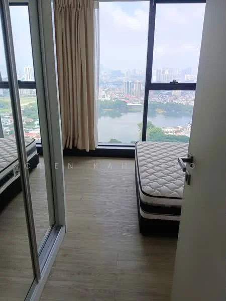 Bedroom features: floor-to-ceiling windows, city view, light-colored curtains, laminate flooring, queen-size bed frame without mattress, built-in wardrobe with mirrored doors, neutral wall color, decorative wall paneling; style: modern; view: city.