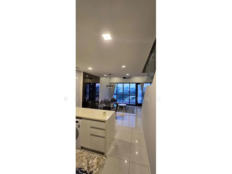 Room features: white painted walls, glossy tile flooring, recessed downlights, floor-to-ceiling windows, sliding glass door, open layout, sofa, area rug; style: modern; view: garden.