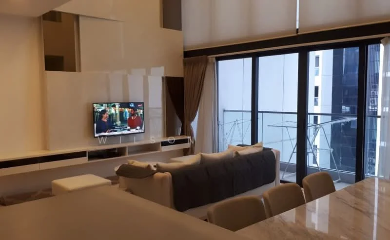 Living features: floor-to-ceiling windows, grey fabric sofa, wall-mounted TV, white cabinetry, marble dining table, beige dining chairs, sheer curtains, decorative wall paneling, open layout, city view from balcony; style: modern; view: city.