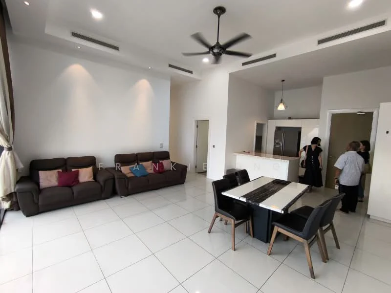Living features: 3-seater fabric sofa in brown, 2-seater fabric sofa in brown, ceiling fan with light, recessed downlights, white painted walls, glossy white tile flooring, large windows with sheer curtains, area rug with geometric pattern; style: modern. Dining features: 6-seater dining table with marble top, upholstered dining chairs, pendant lamp, white painted walls, glossy white tile flooring; style: modern. Kitchen features: kitchen island, white cabinetry, stainless-steel appliances, recessed downlights, glossy white tile flooring; style: modern.