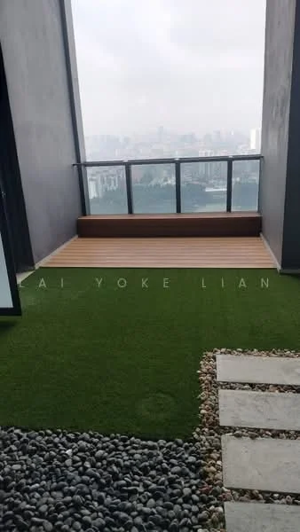 Room features: artificial grass, wooden decking, glass railing, pebble pathway, city skyline view; style: modern; view: city.