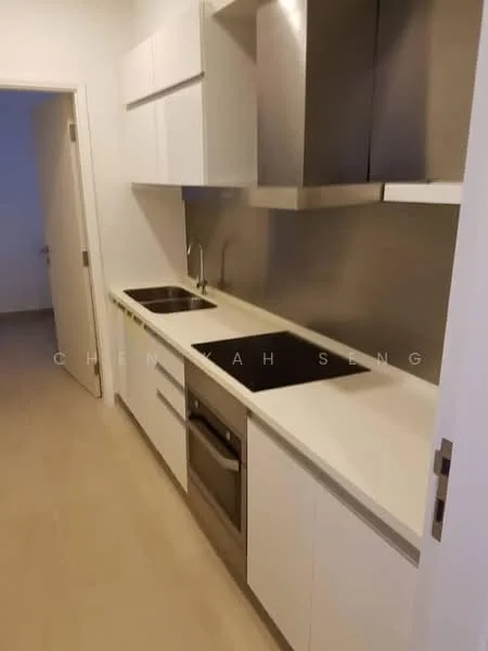 Kitchen features: white cabinetry, stainless-steel appliances, double-bowl stainless-steel sink, chrome pull-down faucet, built-in oven, 4-burner induction hob, white countertop, metal backsplash, under-cabinet lighting, laminate flooring, wall-mounted cabinets, open shelving; style: modern.