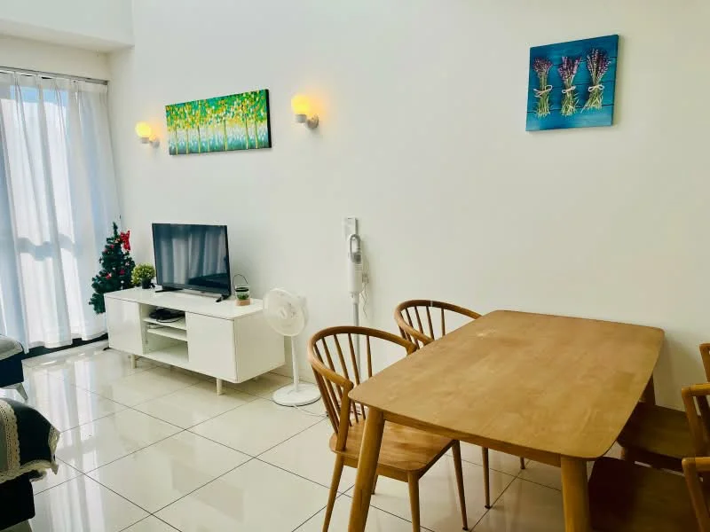 Living features: white painted walls, glossy tile flooring, floor-to-ceiling windows, curtains, wall-mounted TV, white TV console, wooden dining table, 4 wooden dining chairs, decorative wall art, wall sconces, ceiling fan; style: modern.