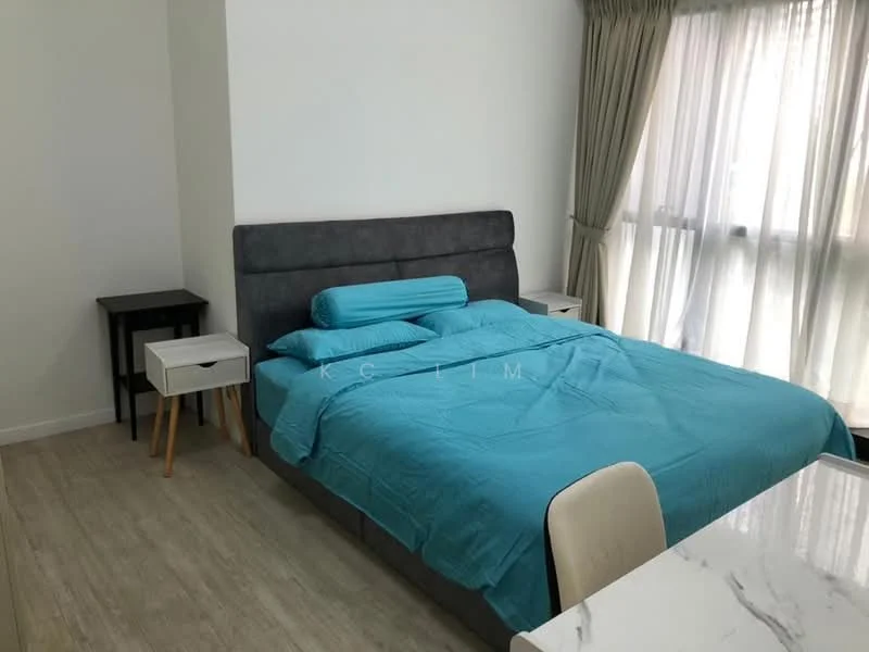Bedroom features: king-size bed with grey upholstered headboard, turquoise bedding, two bedside tables with white drawers and wooden legs, large window with sheer curtains, light wood flooring, decorative pillow, wall-mounted artwork, built-in wardrobe (not fully visible); style: modern.