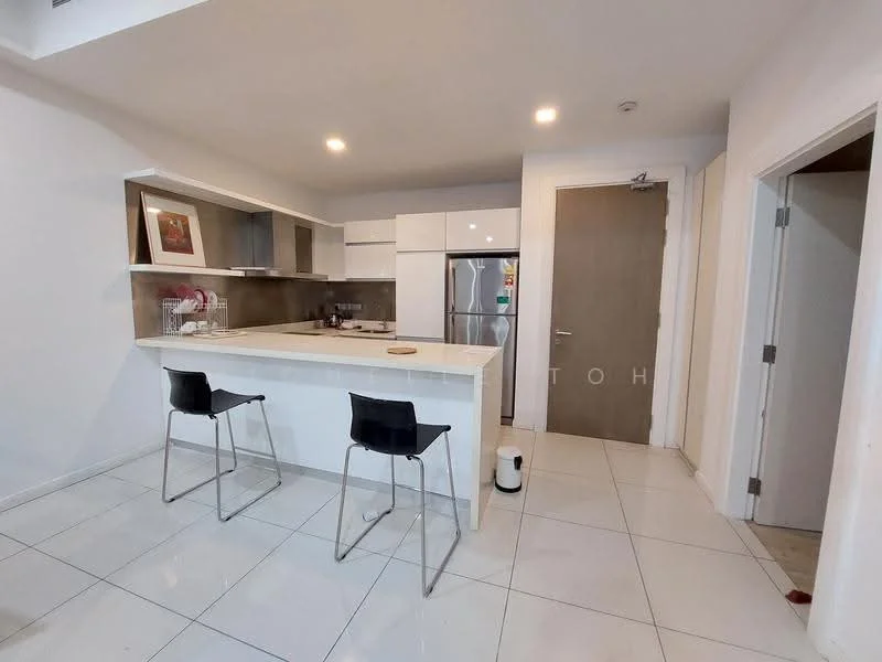 Kitchen features: white cabinetry, stainless-steel fridge, stainless-steel built-in oven, stainless-steel range hood, 4-burner gas hob, white quartz countertop, tile backsplash, bar seating with two black stools, ceramic tile flooring, recessed downlights, open layout, doorway to hallway; style: modern.