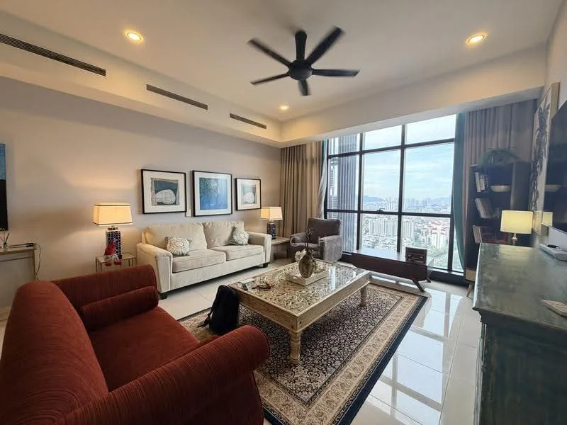 Living features: 3-seater fabric sofa in cream, 2-seater fabric sofa in red, coffee table with decorative items, area rug with intricate pattern, floor-to-ceiling windows, curtains in light fabric, ceiling fan with 5 blades, wall-mounted TV, decorative wall art, side table with lamp, built-in shelving unit, marble flooring; style: modern; view: city.