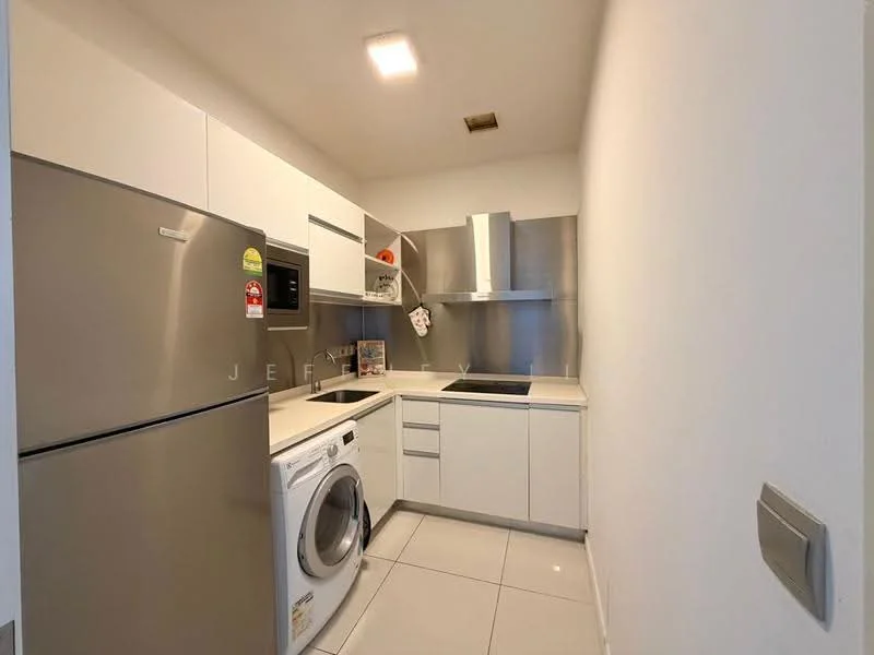 Kitchen features: stainless-steel fridge, built-in microwave, stainless-steel range hood, ceramic tile flooring, white cabinetry, grey countertop, washing machine, open shelving, stainless-steel sink, chrome pull-down faucet, recessed downlights; style: modern.