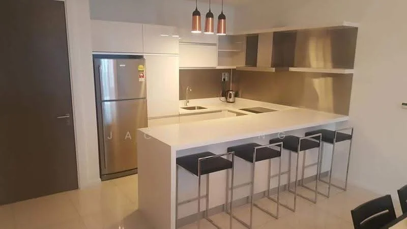 Kitchen features: white cabinetry, stainless-steel fridge, single-bowl stainless-steel sink, chrome pull-down faucet, white quartz countertop, stainless-steel backsplash, built-in electric cooktop, pendant lighting with three fixtures, bar seating with four black stools, open shelving, tile flooring; style: modern.