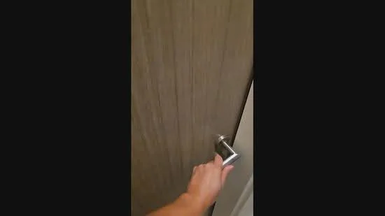 Room features: wooden door, metal door handle, textured surface, neutral color, interior door.