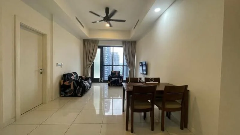 Living features: floor-to-ceiling windows, 2-seater fabric sofa with floral pattern, 1 armchair with floral pattern, dining table for 4, 4 dining chairs, polished tile flooring, ceiling fan, wall-mounted TV, curtains, neutral painted walls, recessed lighting; style: modern; view: city.