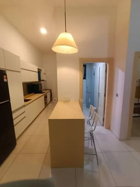 Kitchen features: white cabinetry, black refrigerator, built-in microwave, stainless-steel sink, chrome faucet, laminate countertop, island with seating for 3, pendant light fixture, ceramic tile flooring, wall-mounted cabinets, open layout, neutral wall color, back wall with no visible appliances; style: modern. Room features: white walls, doorway leading to bathroom, light-colored flooring.