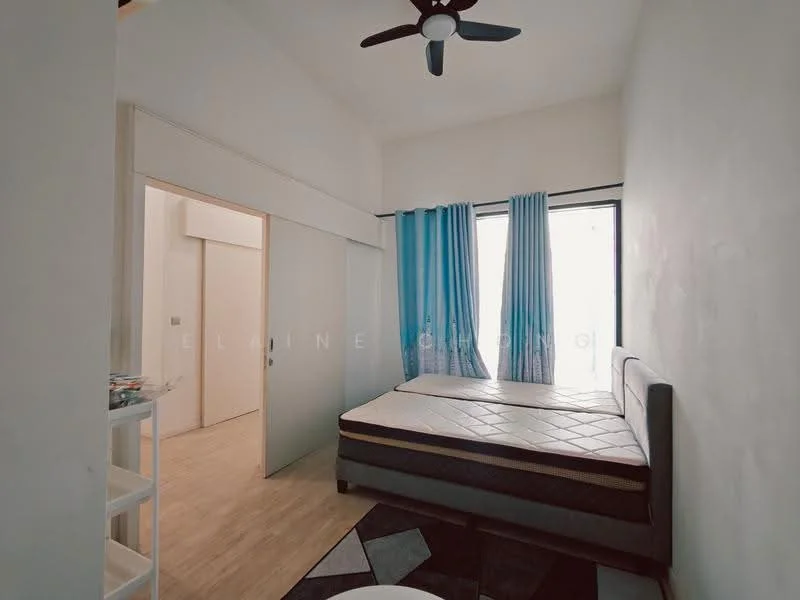 Bedroom features: queen-size bed, upholstered headboard, floor-to-ceiling windows, blue sheer curtains, light wood flooring, ceiling fan with light, decorative area rug, built-in wardrobe, white painted walls; style: modern.
