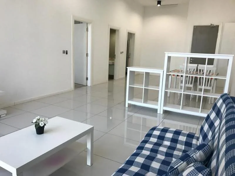 Living features: white painted walls, glossy ceramic tile flooring, ceiling fan, sofa with blue and white checkered pattern, white coffee table, decorative plant in small pot, open layout, multiple doorways leading to other rooms; style: modern.