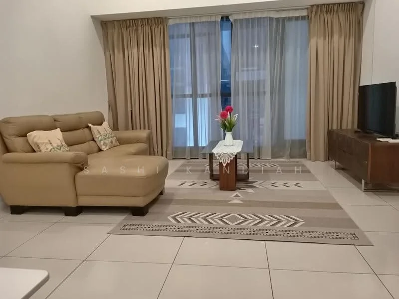 Living features: beige leather sofa, coffee table, TV console, wall-mounted TV, area rug with geometric pattern, curtains, floor-to-ceiling windows, light-colored walls, polished tile flooring; style: modern.