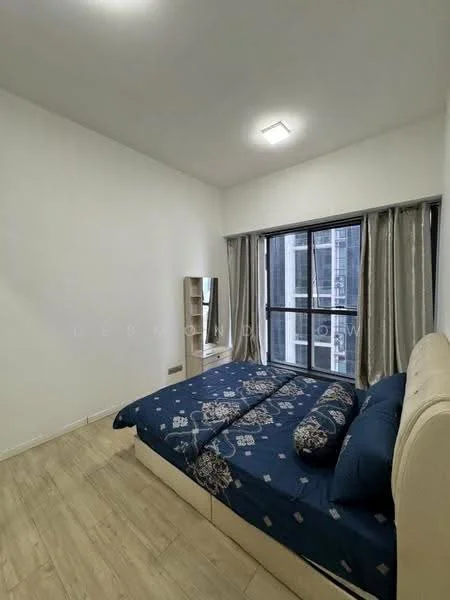 Bedroom features: queen-size bed with upholstered headboard, bedding with blue floral pattern, wooden flooring, floor-to-ceiling windows, sheer curtains, built-in wardrobe with mirror, recessed ceiling lights, neutral painted walls; style: modern; view: city.