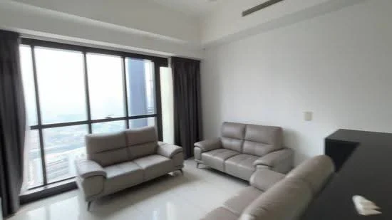 Living features: 2-seater leather sofa in light grey, 3-seater leather sofa in light grey, floor-to-ceiling windows, blackout curtains, white painted walls, polished tile flooring, TV console, city view; style: modern; view: city.