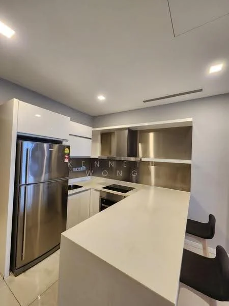 Kitchen features: stainless-steel fridge, white cabinetry, white countertop, stainless-steel backsplash, built-in oven, induction cooktop, single-bowl stainless-steel sink, chrome pull-down faucet, bar seating with black stools, recessed LED downlights, tile flooring, open shelving; style: modern.