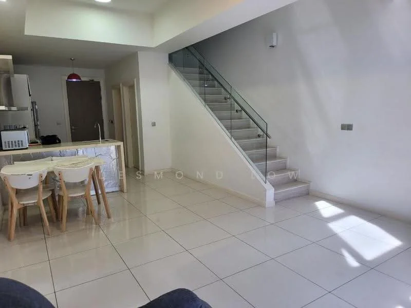 Living features: white painted walls, glossy white tile flooring, staircase with glass railing, recessed ceiling lights, pendant light fixture, open layout, large windows allowing natural light, dining area with wooden dining table and chairs; style: modern.