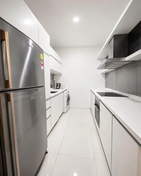 Kitchen features: stainless-steel fridge, white cabinetry, white countertop, built-in oven, ceramic cooktop, built-in microwave, washing machine, tile flooring, recessed downlights, open shelving, kettle, toaster; style: modern.