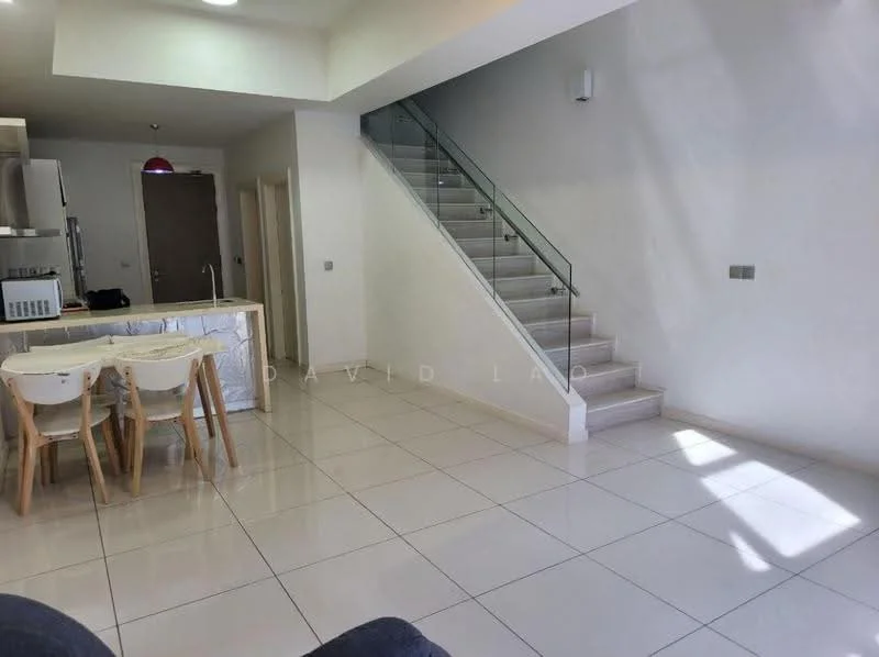 Living features: white painted walls, glossy white tile flooring, staircase with glass railing, recessed ceiling lights, pendant light fixture, open layout, dining area with 4 white chairs, kitchen area visible in background; style: modern.