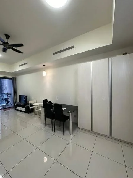Living features: white painted walls, glossy white tile flooring, 5-blade ceiling fan with light, recessed downlights, dining table with four black chairs, black TV console, flat-screen TV, built-in wardrobe with sliding doors, balcony access through sliding glass door, curtains, decorative pendant light; style: modern; view: city.