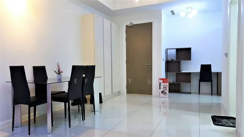Dining features: glass dining table, 4 black upholstered dining chairs, white walls, tile flooring, recessed ceiling lights, decorative plant in vase, built-in wardrobe with sliding doors, open study desk with shelving; style: modern.