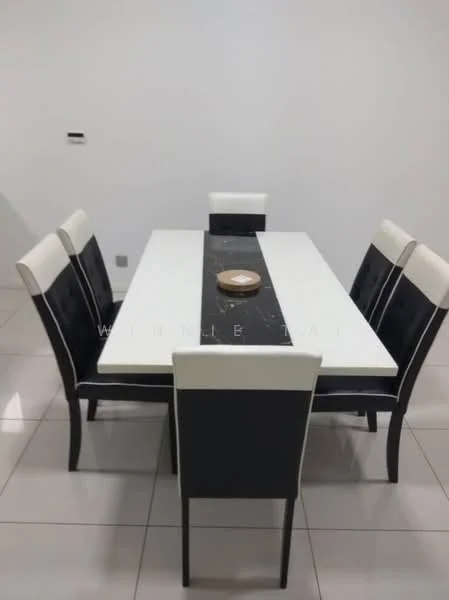 Dining features: rectangular dining table with white top and black stripe, 6 upholstered dining chairs in black and white, ceramic decorative bowl on table, white painted walls, glossy tile flooring, modern lighting fixture above table; style: modern.