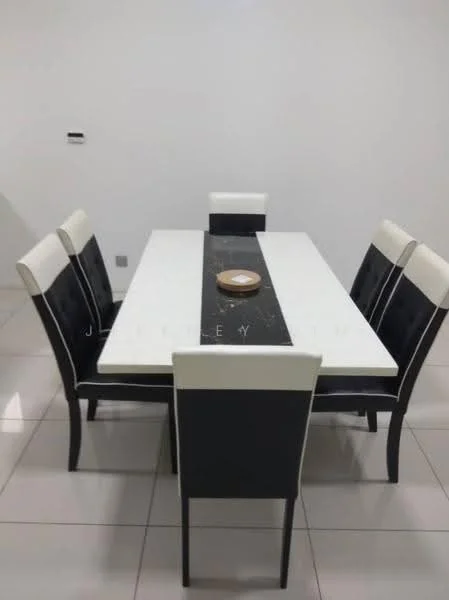 Dining features: rectangular dining table with white top, black and white upholstered dining chairs, six dining chairs, decorative plate on table, white painted walls, glossy tile flooring; style: modern.