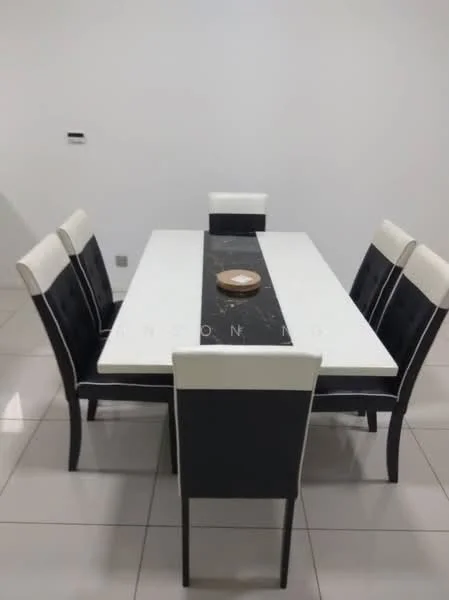 Dining features: 6-seater dining table, white marble tabletop, black and white upholstered dining chairs, decorative bowl on table, white painted walls, glossy tile flooring; style: modern.