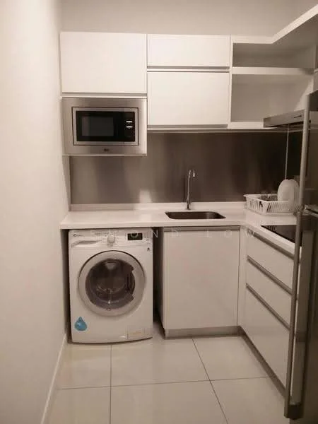 Kitchen features: white cabinetry, stainless-steel countertop, single-bowl stainless-steel sink, chrome pull-down faucet, built-in microwave, front-load washing machine, ceramic tile flooring, white walls, open shelving, dish rack; style: modern.
