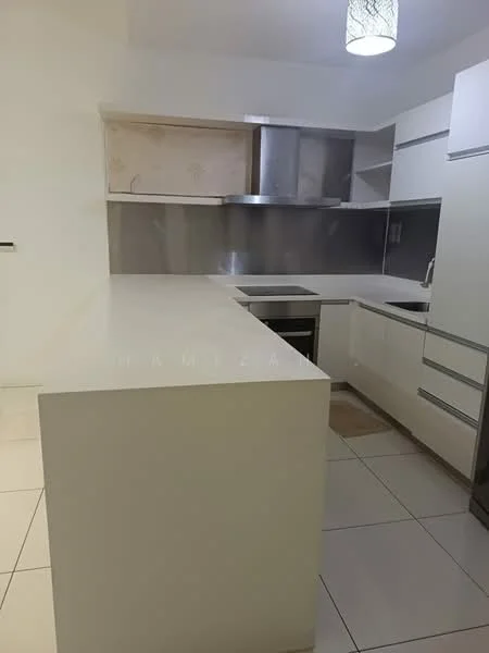 Kitchen features: white quartz countertop, stainless-steel sink, chrome pull-down faucet, white cabinetry with flat-panel doors, stainless-steel built-in oven, stainless-steel cooktop, grey backsplash, tile flooring, pendant light fixture; style: modern.