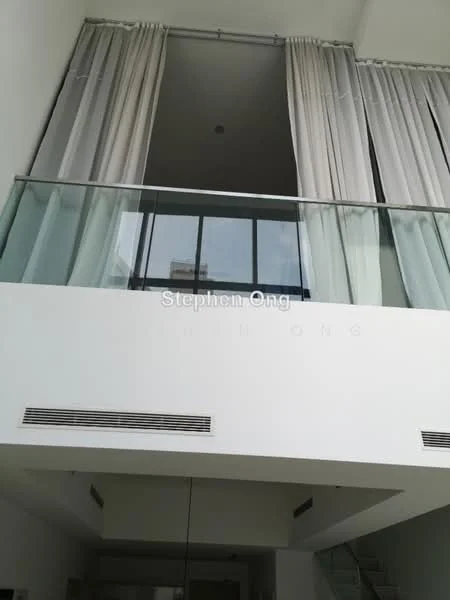 Room features: floor-to-ceiling windows, sheer curtains, white painted walls, exposed ceiling, glass railing, air conditioning vents; style: modern; view: city.