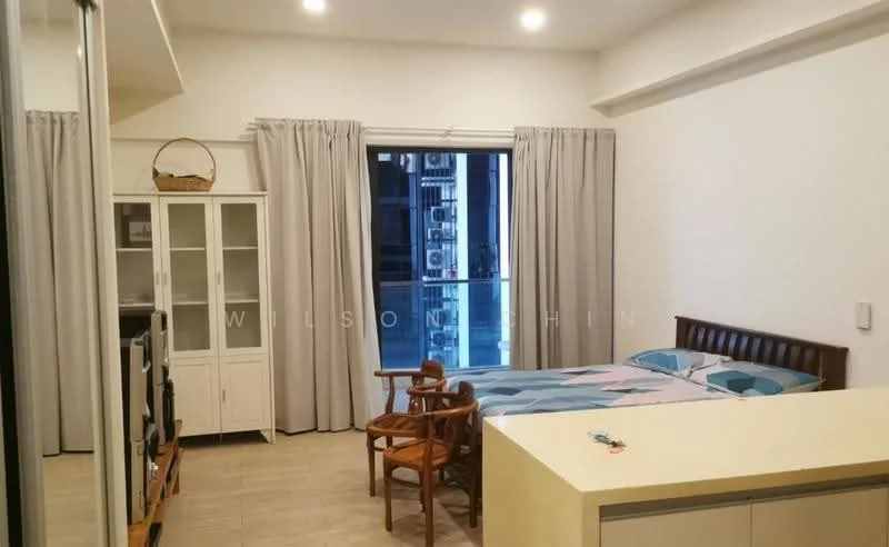 Room features: white painted walls, light-colored tiled flooring, large sliding glass door, sheer curtains, double bed with patterned bedding, wooden bed frame, two wooden chairs, white cabinet with open shelving, TV console, wall-mounted TV, recessed ceiling lights; style: modern; view: city.