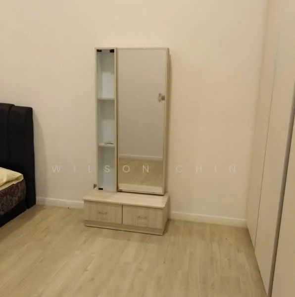 Room features: light wood flooring, white painted walls, full-length mirror, storage cabinet with drawers, shelf unit, bedside area, minimalist decor; style: modern.