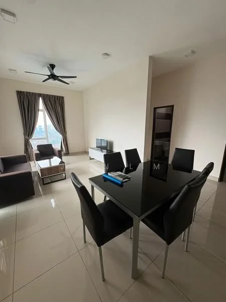 Living features: 3-seater fabric sofa in dark grey, 2-seater fabric sofa in dark grey, black glass coffee table, black dining table with 6 black upholstered chairs, floor-to-ceiling window with sheer curtains, ceiling fan, TV console, wall-mounted TV, light-coloured painted walls, glossy tile flooring; style: modern; view: city.