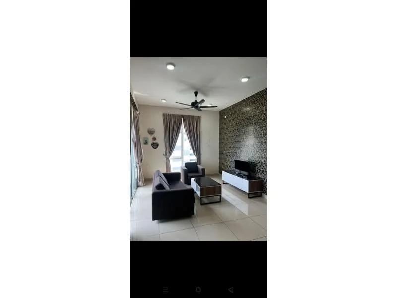 Living features: 3-seater fabric sofa in dark grey, 2-seater fabric sofa in dark grey, white TV console with storage, wall-mounted TV, decorative wall with patterned tiles, floor-to-ceiling windows with sheer curtains, recessed LED downlights, 5-blade ceiling fan with light, cream tiled flooring, decorative wall art, curtains in light brown, area rug; style: modern; view: city.