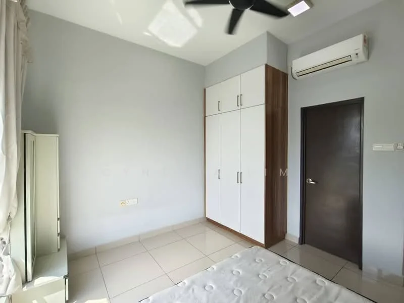 Bedroom features: white painted walls, cream tiled flooring, 5-blade ceiling fan, wall-mounted split AC, built-in wardrobe with white and wood finish, dark wooden door, large window with sheer curtains, mattress on bed frame; style: modern.