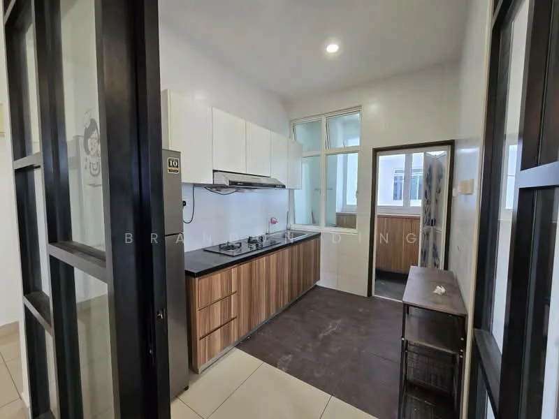 Kitchen features: white cabinetry, wooden lower cabinets, black countertop, built-in gas stove, stainless-steel range hood, single-bowl stainless-steel sink, window with natural light, tile flooring, recessed downlights, open shelving, glass door, wooden side table; style: modern.