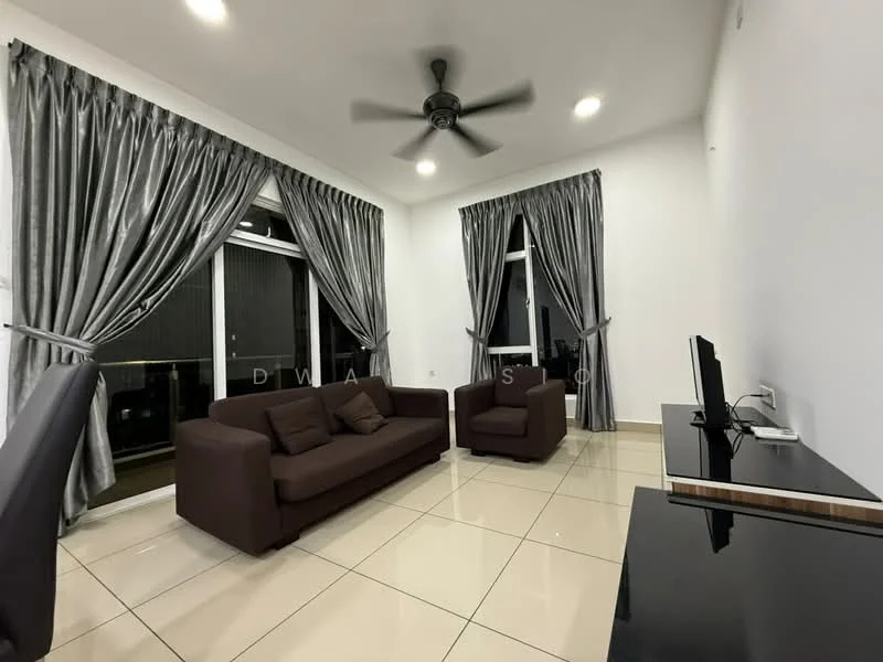 Living features: 3-seater fabric sofa in brown, 2-seater armchair in brown, black TV console, wall-mounted TV, floor-to-ceiling windows, sheer curtains in grey, black ceiling fan with light, glossy tile flooring in beige, white painted walls; style: modern; view: city.