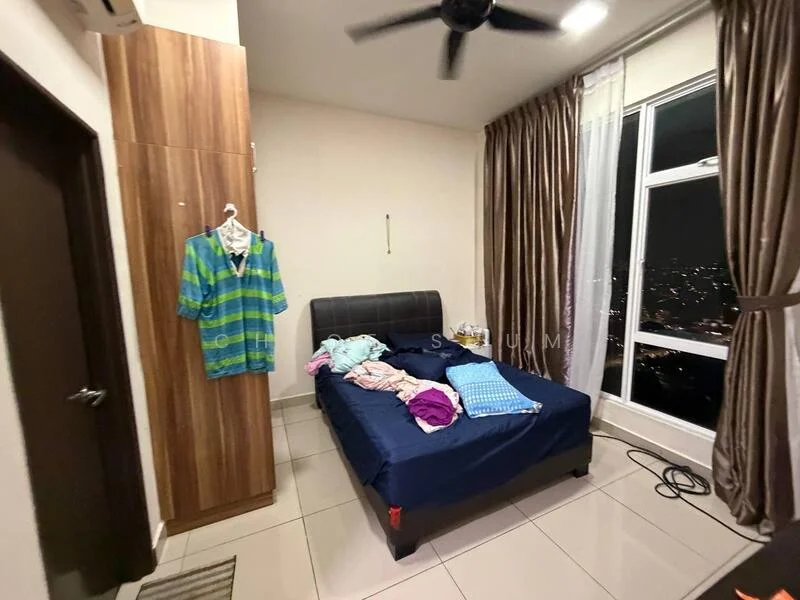 Bedroom features: queen-size bed with blue bedding, upholstered headboard, wooden wardrobe with sliding doors, floor-to-ceiling windows, sheer curtains, dark curtains, ceiling fan, tile flooring, decorative wall with city view, clothes hanging on a hook; style: modern; view: city.
