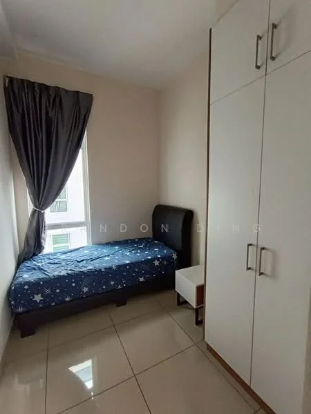 Bedroom features: single bed with dark headboard, blue bedding with star pattern, white walls, glossy tile flooring, floor-to-ceiling window, grey curtain, built-in wardrobe with white doors, nightstand with drawer; style: modern.