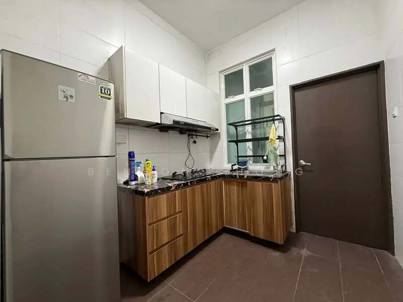 Kitchen features: stainless-steel fridge, built-in gas hob, exhaust hood, brown wooden cabinetry, black granite countertop, white tiled walls, grey tiled flooring, single-bowl stainless-steel sink, window above sink, door leading to hallway; style: modern.