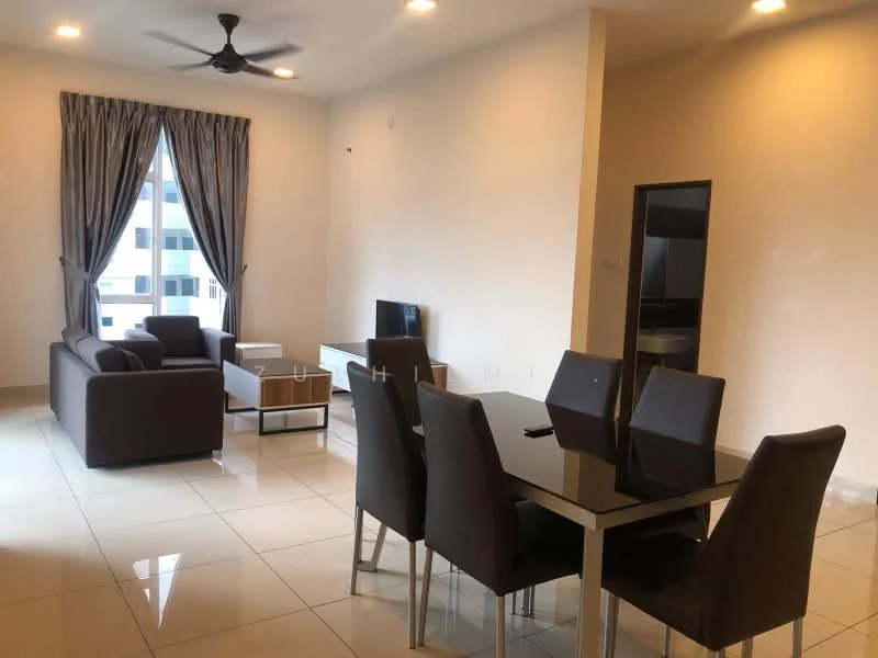 Living features: 3-seater fabric sofa in grey, 2-seater fabric sofa in grey, coffee table with white top, wall-mounted TV, floor-to-ceiling window, sheer curtains, recessed downlights, ceiling fan, glossy tile flooring, decorative wall, area rug; style: modern; view: city. Dining features: 6-seater dining table with black glass top, upholstered dining chairs in grey; style: modern.