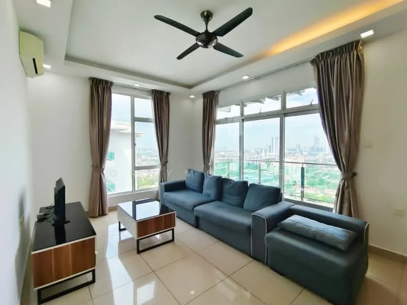 Living features: 3-seater fabric sofa in dark blue, coffee table with wooden legs and glass top, wall-mounted TV, floor-to-ceiling windows, curtains in light brown, ceiling fan with light, recessed LED downlights, cream painted walls, tile flooring, city skyline view; style: modern; view: city.