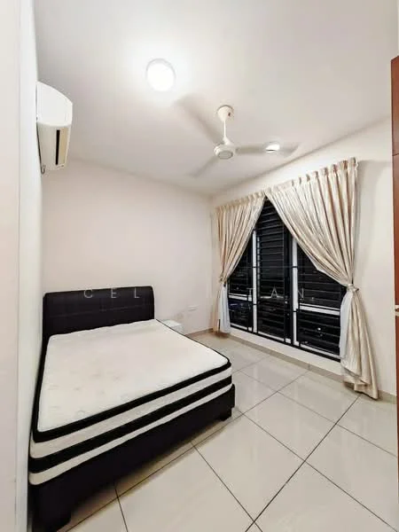 Bedroom features: queen-size bed with black upholstered frame, white mattress, white painted walls, glossy tile flooring, 5-blade ceiling fan with light, floor-to-ceiling windows, blackout curtains, air conditioning unit, built-in wardrobe with wooden doors; style: modern.